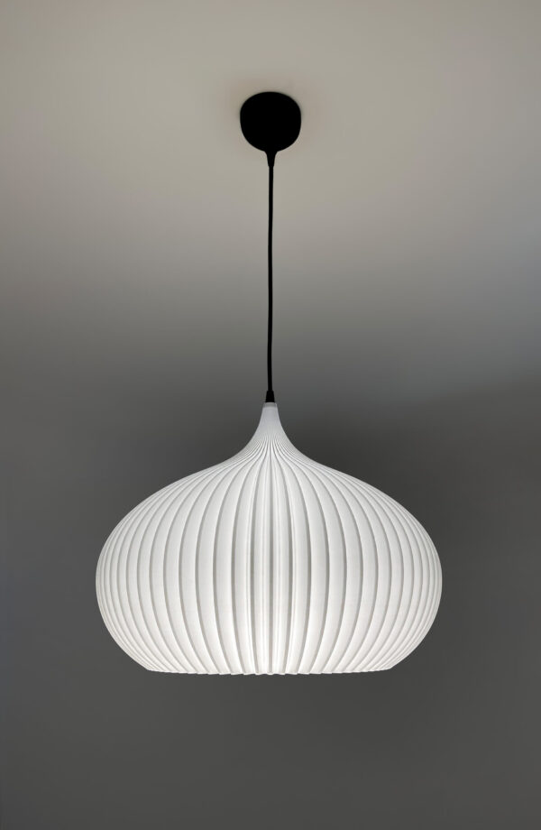 ONION Pure White Pendant Lampshade with light on front view+ ONION Pure White Pendant Light Shade