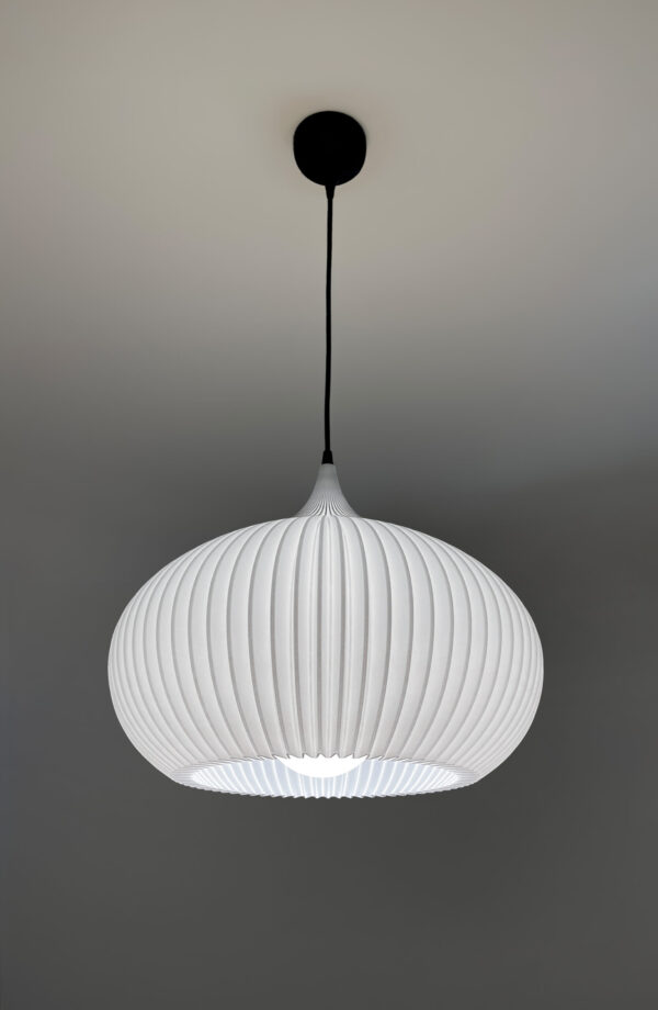 ONION Pure White Pendant Lampshade with light on side view+ ONION Pure White Pendant Light Shade