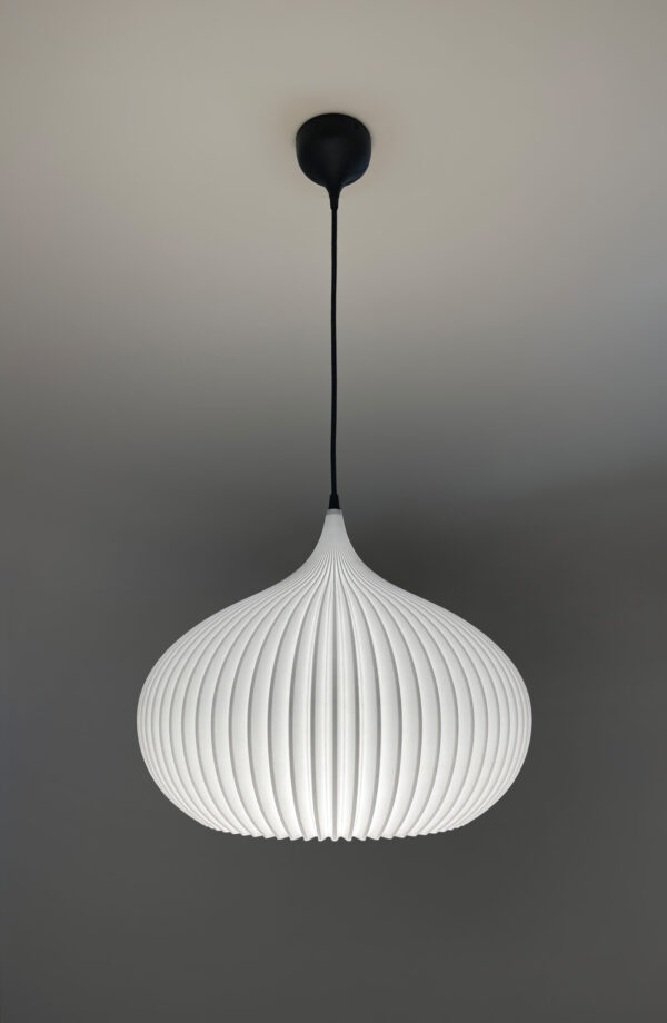 ONION Pure White Pendant Lampshade with light on up view+ Elegant white pendant lamp hanging down