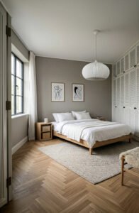 Minimalist bedroom with wooden accents with white pendant lamp