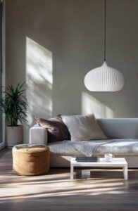 Cozy living room with modern decor with white pendant lamp