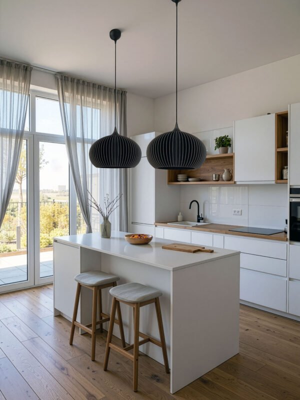 Oval black pendant lights over kitchen island