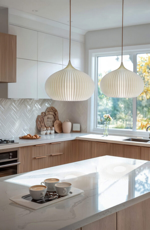Person holding a soft ivory pendant light