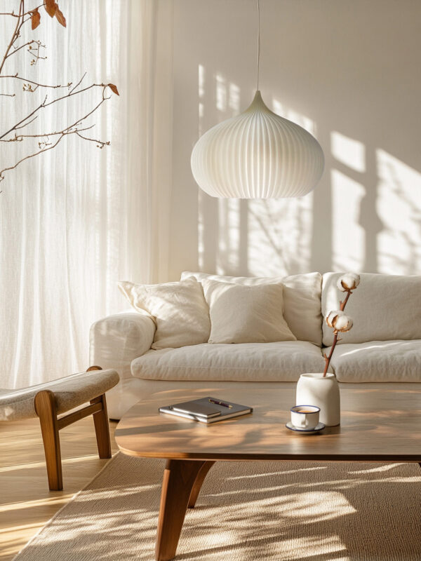 Elegant kitchen with soft ivory pendants