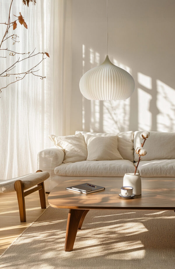 Elegant kitchen with soft ivory pendants